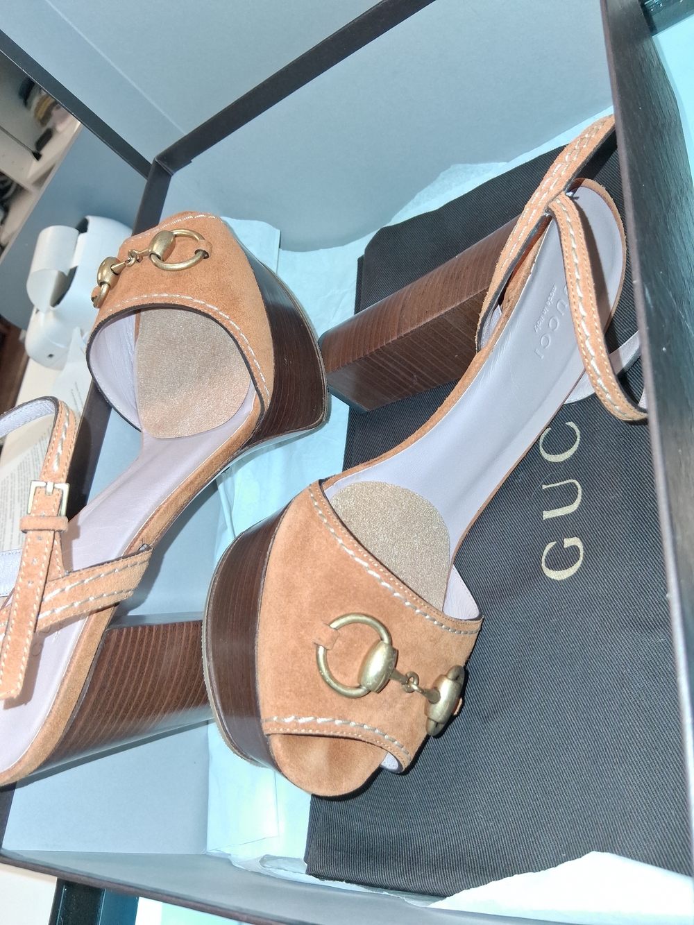 Gucci Camel Brown Suede Horsebit Platform Sandals with Wooden Block Heel /Box